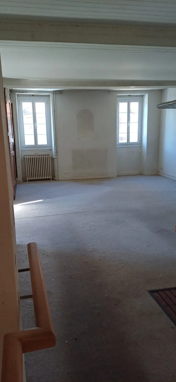 Grande pièce vide avec deux fenêtres et radiateur, après débarras