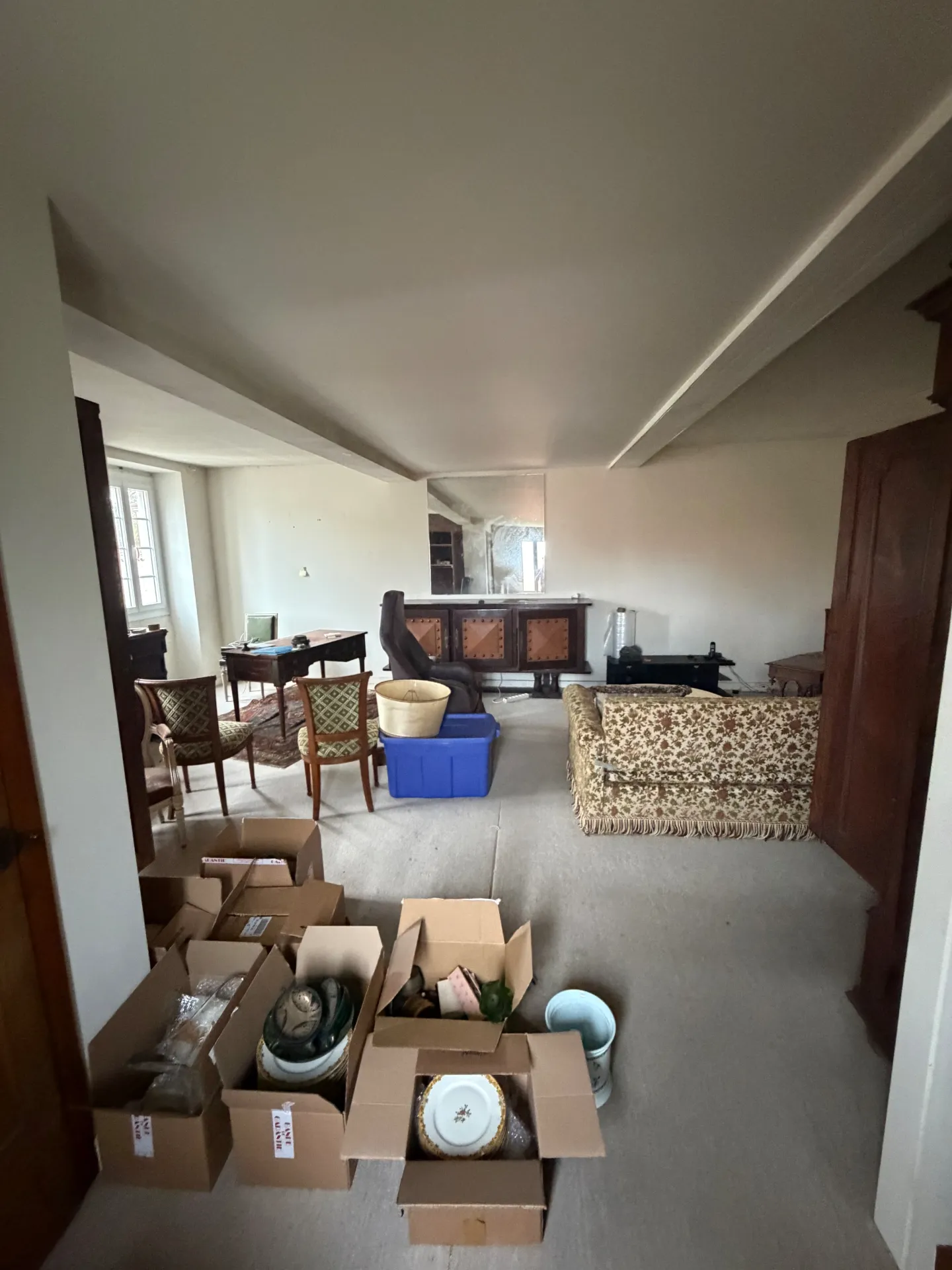 Séjour encombré de cartons, chaises et meubles avant débarras